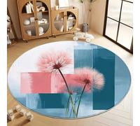 Modern Abstract Pink Dandelion Round Area Rug, Soft Washable Non-Slip Circle Rug for Bedroom 60 cm - Dark Blue Print Carpet for Entryway Sofa Living Room Bathroom