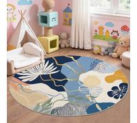 Modern Abstract Round Area Rug 90 cm, Soft Faux Wool Carpet - Blue Floral Leaves Wave Stripe Machine Washable Non Slip Indoor Rug for Living Room Bedroom Nursery Kitchen Playroom Entrance