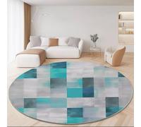 Modern Abstract Texture Squares Round Rug for Living Room Bedroom, 100 cm Non-Slip Round Area Rug, Machine Washable Floor Carpet Turquoise Gray Soft Short Pile Circle Carpets for Kids Room Decor