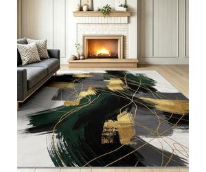 Modern Abstract Washable Non-Slip Area Rug 160 x 230 cm | Luxurious Lines Brushstrokes Printed Low Pile Soft Carpet for Bedroom Throw Beige for Dining Room Office