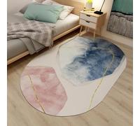 Modern Abstract Watercolour Area oval Rug, Blue and Pink with Gold Accent, Living Room Bedroom Decor 180 x 280cm