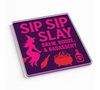 Modern Acrylic Coaster Gift - Bold Brew Spell Halloween Design with Feminine Witchy Vibes