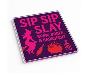 Modern Acrylic Coaster Gift - Bold Brew Spell Halloween Design with Feminine Witchy Vibes
