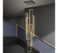 Modern Adjustable Height LED Dimmable Pendant Light with Remote Control 100W High Ceiling Chandelier for Long Staircase and Foyer 3 Rings Rectangle Fixture for Hotel Black (6)