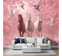 Modern Aesthetic Illustration Wall Mural 350x256cm, Horses Cherry Blossoms Birds Womens Room Non-Woven Fleece Photo Wallpaper, Premium Art Print - Mural Wallpaper Decoration for Bedroom Living Roo