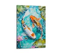 Modern Aesthetic Koi Fish Wall Art, Chinese Style Pink Lotus Pond Carp Hanging Paintings Poster, Good Luck Traditional Oriental Artwork, Classic Decorative Art 08x12inch(20x30cm)