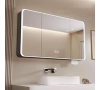 Modern Aluminum Alloy Bathroom Wall Cabinet with HD Mirror & LED Lights Smart Medicine Cabinet with Defogger Touch Switch Storage Shelf Stylish Vanity Mirror.