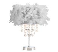 Modern and Chic Real Pale Grey Feather Chandelier Style Table Lamp with Waterfall Clear Acrylic Drops | Chrome Metal Base and Stem by Happy Homewares