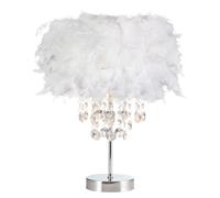 Modern and Chic Real White Feather Chandelier Style Table Lamp with Waterfall Clear Acrylic Drops | Chrome Metal Base and Stem by Happy Homewares