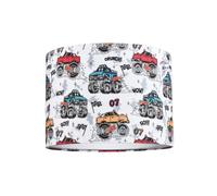 Modern and Colourful Monster Trucks Childrens Cotton Fabric Round Drum Lamp Shade | 25cm Diameter | 60w Maximum | Inner Cotton Lining by Happy Homewares