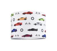 Modern and Colourful Racing Cars Kids Cotton Fabric Round Drum Lamp Shade | 25cm Diameter | 60w Maximum | Inner Cotton Lining by Happy Homewares