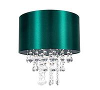 Modern and Eye-Catching Emerald Forest Green Satin Shimmer Fabric Pendant Light Shade with Hanging Transparent Acrylic Droplets | 30cm Diameter by Happy Homewares