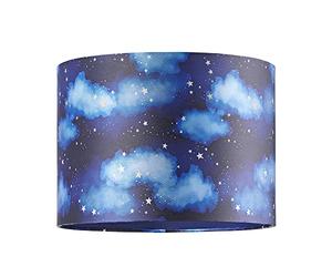 Modern ands Cute Navy Midnight Blue Childrens Round Drum Lamp Shade with Bright Golden Stars and Fluffy White Clouds | 25cm Diameter | 60w Maximum by Happy Homewares