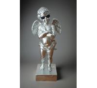 Modern Angel Statue with Sunglasses - 29cm Silver Cherub Figure on Pedestal - Cool & Unique Winged Boy Ornament for Contemporary Home Decor