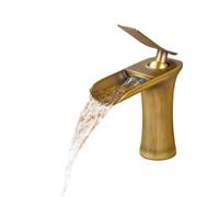 Modern Antique Brass Bathroom Faucet - Single Handle Waterfall Spout Tap for Vanity Sink - Short Design, Ideal for Stylish Bathroom Upgrade