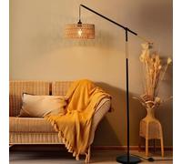 Modern Arc Floor Lamp - Boho White Standing Lamp with Handwoven an Shade & Foot Switch - Stylish Farmhouse Lighting for Bedroom Corner & Reading Nook (Black)