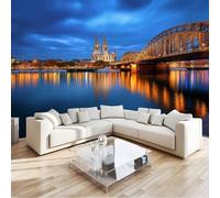 Modern Architecture City Night View Church Bridge Wall Mural Photo Wallpaper, Navy Blue Non-Woven Feature Wall Decor for Living Room, Bedroom & Study 400 x 280 cm