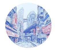 Modern Architecture Round Area Rug 200cm Blue Red Urban Pattern Carpet Machine Washable Low-Pile Flannel Non-Slip Graphic Floor Rug for Studio Apartment High Traffic Home Decor