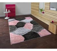Modern Area Rug, Polypropylene Geometric Rug, Super Soft Shaggy Rug, Rectangular Mat, for Bedroom, Living Room, Long Hall Runner Carpet, Pink-Grey, 60x110