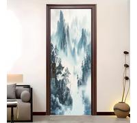 Modern Art 3D Chinese Ink Painting Door Mural Sticker, Peel and Stick Removable Vinyl Door Decals for Interior&Exterior Home Decor, Grey Waterproof Door Stickers 77x200 cm