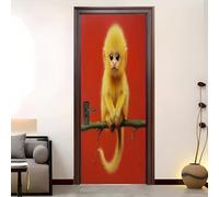 Modern Art 3D Door Mural Sticker 82x200 cm, Animal Chinese Golden Monkey Peel and Stick Removable Waterproof Vinyl Door Stickers Red for Exterior Interior Doors Home Decor