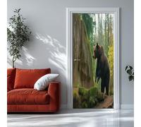 Modern Art 3D Door Mural Sticker Wildlife Brown Bear 82x200 cm Peel and Stick Removable Brown Green Vinyl Door Poster Decals for Home Decor, Art Self-Adhesive Mural Wallpaper