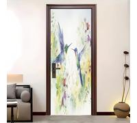 Modern Art 3D Door Sticker 88x200 cm Flowers Birds Watercolor Painting Self-Adhesive Doors Mural Covers Decoration Wall Stickers Light White Bedroom Living Room Removable Waterproof Door Poster Decals