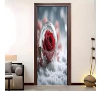 Modern Art 3D Door Sticker 90x200 cm Christmas Red Roses Self-Adhesive Doors Mural Covers Decoration Wall Stickers White Bedroom Living Room Removable Waterproof Door Poster Decals