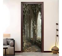 Modern Art 3D Romantic Retro Architecture Door Mural Sticker, Peel and Stick Removable Vinyl Door Decals for Interior&Exterior Home Decor, Light Green Waterproof Door Stickers 90x200 cm