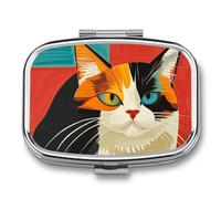Modern Art Cat Pill Box 2 Compartment - Small Metal Medicine Organizer Portable Pill Case for Purse Pocket Travel Vitamin Organizer for Men Women, BPA-Free