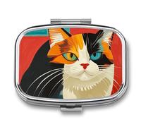 Modern Art Cat Pill Box with 2 Compartments, Portable Pill Organizer for Pocket or Purse, Decorative Metal Pill Organizer, Medicine and Vitamins