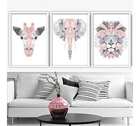 Modern Art Geometric Pink Prints Jungle Giraffe Lion Elephant Wall Picture Animal Poster Nursery Decor Frameless (3 x 40 x 60 cm)