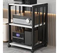 Modern Audio Stand HiFi Rack - 5-Tier Storage Cabinet with Adjustable Record Player Shelf, Lockable Wheels, Black/White - Perfect for Gaming Consoles & Audio Equipment Storage