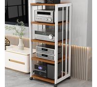 Modern Audio Stand with Wheels, 5-Tier Hifi Rack & Movable Record Player Shelf, Media Storage Cabinet for Game Consoles & Equipment (White & Teak)