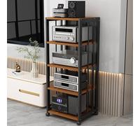 Modern Audio Stand with Wheels 5Tier Hifi Rack Media Storage Cabinet for Record Player Gaming Consoles & Equipment Stylish Black/Teak Finish