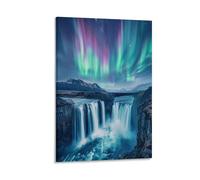 Modern Aurora Borealis Canvas Wall Art, Fantastic Waterfall Natural Mountain Painting Print on Textured Canvas, Wall Poster Artwork for Living Room Bedroom Office Decor Frame 08x12inch(20x30cm)