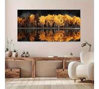 Modern Autumn Tree Reflection on Lake Canvas Wall Art - Vibrant Fall Foliage Painting for Living Room & Bedroom Decor 70x140cm Frameless