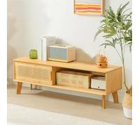 Modern Bamboo Rattan TV Stand & Stylish Entertainment Center with Sliding Doors, Storage & Cable Management for Living Room & Bedroom, Space-Saving Design (100x31x37.5cm)