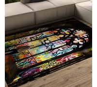 Modern Banksy Washable Rugs Living Room Large Colourful Rug for Bedroom Anti Slip Area Rugs Graffiti Stained Glass for Office Area Rug Soft Short Pile Washable Carpet Urban Street Style 120x150cm