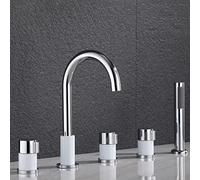 Modern Bath Mixer Tap with Shower Waterfall Bathroom Tub Tap Bathtub Tap 5 Hole Set Bath Tap with Pull-Out Hand Shower Bathroom Tap Chrome + White