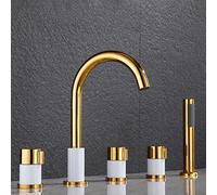 Modern Bath Mixer Tap with Shower Waterfall Bathroom Tub Tap Bathtub Tap 5 Hole Set Bath Tap with Pull-Out Hand Shower Bathroom Tap Gold + White