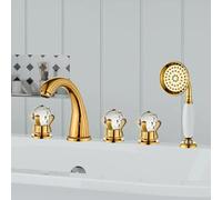 Modern Bath Shower Mixer Tap 5 Hole Set Bathtub Edge Hot and Cold with Hand Shower 360° Swivel Brass 3 Handle Pull Out 5 Hole Gold LWX