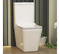 Modern Bathroom Close Coupled Toilet Square Pan Gloss Rimless White Ceramic with Dual Flush Cistern & Slim Soft Close Quick Release Seat - Elena