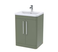 Modern Bathroom Floor Standing 2 Soft Close Door Vanity Basin Unit, Ceramic Basin, 600mm, Satin Green