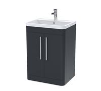 Modern Bathroom Floor Standing 2 Soft Close Door Vanity Basin Unit, Polymarble Basin, 600mm, Dark Grey