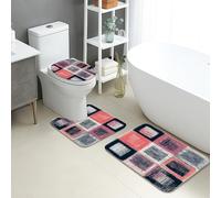 Modern Bathroom Mat Sets 3 Piece, Abstract Color Blocks Absorbent Non Slip Toilet Rugs U Shaped Washable, Contemporary Quick Dry Flannel Bathroom Rug Set