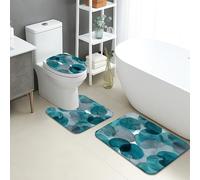 Modern Bathroom Mat Sets 3 Piece, Aqua Abstract Circles Absorbent Non Slip Toilet Rugs U Shaped Washable, Contemporary Quick Dry Flannel Bathroom Rug Set
