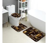 Modern Bathroom Mat Sets 3 Piece, Artistic Geometric Patterns Absorbent Non Slip Toilet Rugs U Shaped Washable, Quick Dry Flannel Bathroom Rug Set
