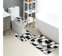 Modern Bathroom Mat Sets 3 Piece, Black White Hearts Absorbent Non Slip Toilet Rugs U Shaped Washable, Contemporary Pattern Quick Dry Flannel Bathroom Rug Set
