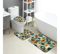 Modern Bathroom Mat Sets 3 Piece, Colorful Geometric Circles Absorbent Non Slip Toilet Rugs U Shaped Washable, Artistic Quick Dry Memory Foam Bathroom Rug Set
